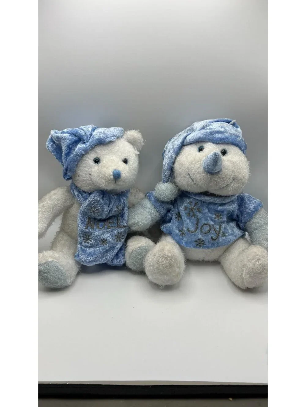 Noel & Joy Holiday Plush Bear & Snowman Set Blue Velour Accents Winter Decor Col